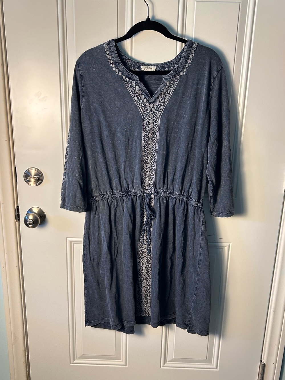 Geometric Embroidered V-Neck Drawstring Tunic Dress - Slate Blue XL Boho Cowgirl
